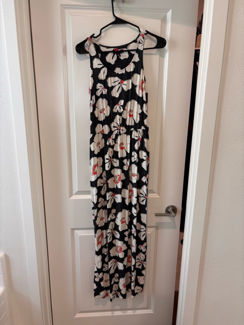 GAP Black Maxi Dress with Cream Floral and Coral Accents